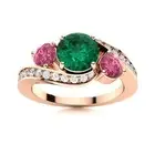 Emerald & Pink Topaz 5MM Round 925 Sterling Silver Rose Plated Three Stone Ring