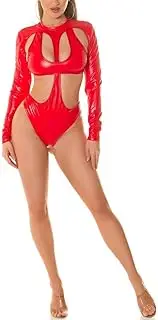 [Koucla] Hot Leather Look Long Sleeve Bodysuit with Under/Over Effect Cutouts and Zip