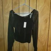 Almost Famous Ladies Black Long Sleeve Top With Sheer Sleeves - Size L