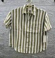 New Brixton Mykonos Stripe Boyfriend Short Sleeve Button Up Top Olive/Cream Sz M