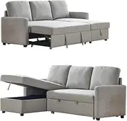 Grey Colour 2m Linen Fabric 3 Seater Pullout Sofa Bed Modular with Storage Chaise Futon Corner