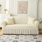 LIODUX Sofa Cover with Skirt, Stretch Sofa Slipcover Spandex Non-Slip Soft Couch Covers, Washable Sofa Slipcovers with Anti-Skid Foam & Thick Elastic Cord for Home (White,3 Seater(190-230cm))