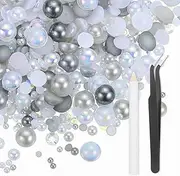 uxcell 50g Flatback Rhinestones, 3mm-10mm Mixed Rhinestones and Half Pearls with Pick Up Pen and Tweezer for Nail Art Crafts, Phone Case, Clothes DIY (Grey/White)