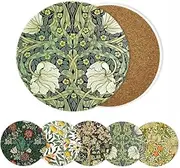 HUXJOKO Coasters for Drinks Set of 6,William Morris Floral Pattern Absorbent Ceramic Coaster,Round Stone Mat,with Cork Base and Metal Holder for Coffee Table Room Bar Home Decor Housewarming Gifts