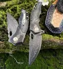 VG10 Damascus Steel Pocket Knife Hunting Knife Survival Folding Stable Wood Clip