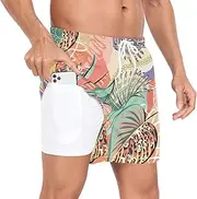 [GuoChe] Swim Shorts for Men Men's 2In1 Workout Running Shorts Multicolored Style Plant Leaves with Compression Liner