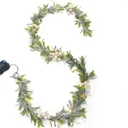 Christmas Mistletoe Rattan with Lamp String Artificial Mistletoe Leaves Berries String-White