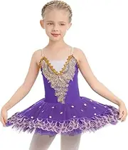 [AFAVOM] Ballet Leotards for Girls with Platter Tutu Professional Hard Organdy Camisole Skirt Swan Lake Feather Hem Dancewear