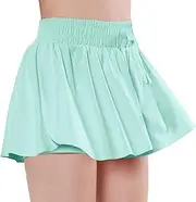 [EXARUS] Girls 2 in 1 Flowy Athletic Shorts with Pockets Butterfly Running Workout Fitness Elastic Waist Sports Shorts for Kids