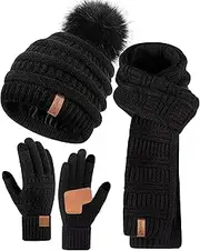 [SENPUKI] Hat Scarf and Gloves Set Ladies, Cute Pom Pom Winter Beanie Hat for Women with Warm Fleece Lined, Long Knit Bobble Hat Touchscreen Gloves Women Scarf Neck Warmer 3 in 1 Cold Weather Gift Set