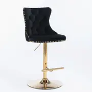 2X Height Swivel Bar Stool Velvet Studs Barstool With Footrest And Golden Base Black Benches Bar Stools