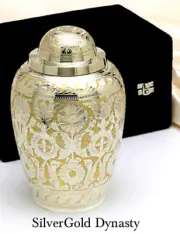 Large/Adult Silver/Gold Color Brass Funeral Cremation Urn W. Velvet Box