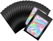 PARTY BESTBUY 100PCS Black Holographic Mylar Resealable Packaging Bags for Small Business, Smell Proof With Front Clear Window, Foil Pouch for Food, Candy, Jewelry, Goodie (14x20cm)