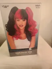 Wonderland 3 pc Harlequin Wig Black & Red Ponytail Clips Harley Quinn Jester