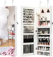 Giantex LED Mirror Jewelry Cabinet, Wall/Door Mounted Lockable Jewelry Armoire Organizer w/Full-Length Mirror, Built-in Mirror & Lights, Foldable Makeup Shelf, 2 Drawers & Large Storage Capacity
