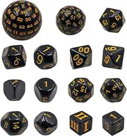 DollaTek 15 Pieces Complete Polyhedral Dice Set D3-D100 Game Dice Set for Role Playing Table Games Black and Yellow
