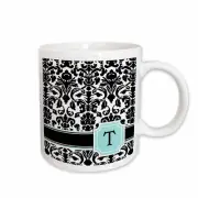 3dRose Letter T personal monogrammed mint blue black and white damask pattern -