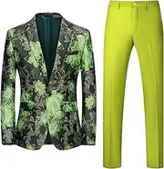 [JEShifangjiusu] Men Set Of Two Crushed Flower Dresses Set One Capsule Dinner Button Tuxedo Coat And Pants Luxury Printed Wedding Suit Coat, Green2, L