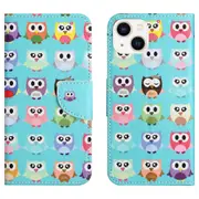 For iPhone 14 6.1 inch Phone Case Cross Texture Foldable Stand Wallet Folio Flip Cover - Cute Owls
