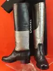 NIB CHANEL SILVER BLACK LEATHER TALL RIDING FLATS CC LOGO BOOTS 35.5 5 $1595