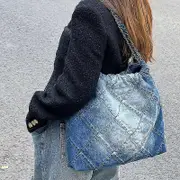 Denim Diamond Check Soft Drawstring Bag Large Tote Bag Hobo Design City Walk Bag For Women - SNNGV