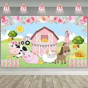 Farm Animals Theme Party Decorations, Pink Flowers Floral Barn Backdrop Banner for Grass Children Birthday Party Supplies, Farm Animals Scenic Background Photo Booth Banner, 72.8 x 43.3 Inch