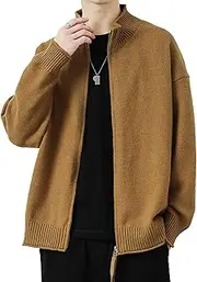 [Qolkmuiy-GJ] Fashion Men Warm Knit Jacket Stand Collar Zipper Thick Cardigan Casual Turtleneck Full Zip Open Sweater