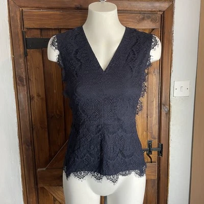 Jaeger Navy Blue Lace Sleeveless V Neck Ruffle Formal Blouse UK 6 NWT RRP £125