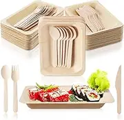 200 Pack Disposable Party Sets Include 50 8" Disposable Bamboo Palm Leaf Plates and 150 Cutlery (50 Forks, 50 Knives, 50 Spoons) Disposable Plates Wood Plates for Birthday Party Wedding Event Home Use
