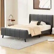 ALFORDSON Bed Frame Single Size Tufted Headboard Base Grey Velvet HUNDOLF