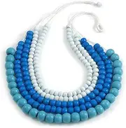 [Avalaya] Statement Multistrand Layered Wood Bead Cotton Cord Necklace in White/Pastel Blue/Light Blue - 80cm Long, One Size, cords Wood