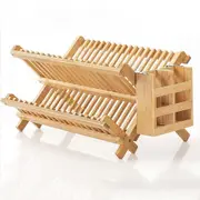 Kitchen storage rack, drain rack, multifunctional tableware drain rack, folding dish storage rack, solid wood double layer dish rack, kitchen dish ...