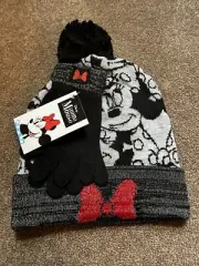 NWT Girls Disney Minnie Mouse Hat & Glove Set Black/Gray/Red OSFM