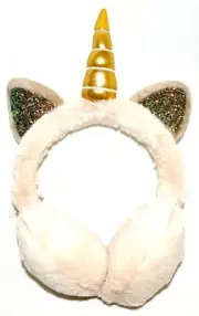 Unicorn Earmuff Kids Soft Fuzzy Plush Cream w/ Gold Horn & Ears