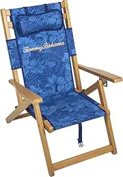 [Tommy Bahama] 3-Position Folding Beach Chair with Pillow and Zippered Storage Pouch, Portable Reclining Outdoor Chair with Premium Eucalyptus Wood Frame and Fabric Sling Seat, Blue