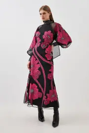 Applique Organdie Floral Graphic Maxi Dress