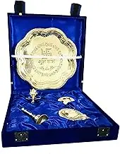Brass Pooja thali Set Om Embossed Laxmi Ganesh shubh labh Pooja Plate Set 5 pcs (Holder,Bell, Dhibla Diya, Vati) Occasional Gift Puja Thali for Diwali karwa chauth Blue Velvet Box Heart - 8.5 inch