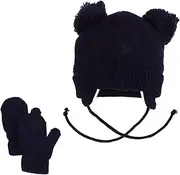 [Baluue] 1 Set Beanie Earflap Hat and Mitten Boys and Soft Warm Knit Accessories with Fluffy Balls for Cold Weather Fits Head