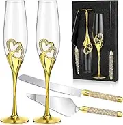 Zhehao Wedding Champagne Flutes and Cake Knife Server Set Toasting Glasses Toasting Champagne Flutes with Rhinestone Rimmed Hearts Decoration Couple Cake Cutting Set for Wedding Anniversary (Gold)