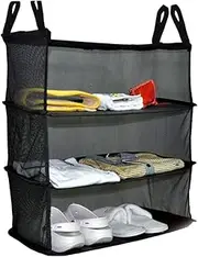 HEALSOPTHY Portable Multifunctional Travel Storage Bag Three Layer Hanging Organizer for Clothes Shoes Items Mesh Design for Bedroom Kitchen and Bathroom Use Black