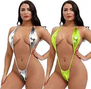 Silver+Fluorescent Green 2 Piece Sexy Extreme Micro One Piece Swimwear for Women PU Backless Slingshot Swimsuit Micro Bikini Teddy Lingerie Slutty Swimsuit Set, Silver+fluorescent Green, One Size