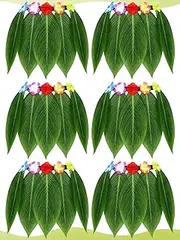 6 Pcs Leaf Hula Skirt Hula Green Leaves Skirt with Artificial Hibiscus Flowers Hawaiian Green Grass Skirt for Women Men Girls Boys Summer Beach Luau Party Costume