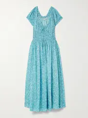 [DÔEN] DÔEN - Ashlynn Tie-detailed Floral-print Shirred Organic Cotton-voile Midi Dress - Light blue - xx small xx small Blue