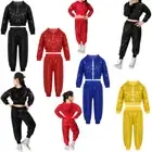 Kids Girls Sequins Hooded Tops Pants Dancewear Modern Jazz Hip Hop Dance Outfits