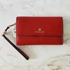 MICHAEL KORS Jet Set Charm Red Terracotta Leather Flap Phone Wallet Wristlet