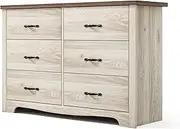 LINSY HOME 6-Drawer Double Dresser for Bedroom, 47.2" D x 15.7" W x 31.2" H, Wash White