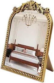 Vintage Makeup Mirror Antique Vanity Mirror Gold Arched Tabletop Mirrors for Dresser,Baroque Ornate Standing Decor for Desk Living Room,Bedroom 12.1" x 9.8"