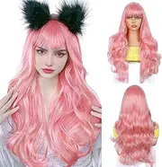 BECUS 23 Inch Long Pink Wigs for Women Wavy Cruly Wig with Bangs Synthetic Hair Wig