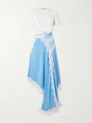 [Christopher Esber] Christopher Esber - Verve Asymmetric Lace-trimmed Silk-georgette And Ribbed Jersey Dress - Blue - UK 10 UK 10 Blue