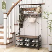 Costway4-In-1 Coat Rack with 11 Hanging Hooks and Shoe Bench-Rustic Brown